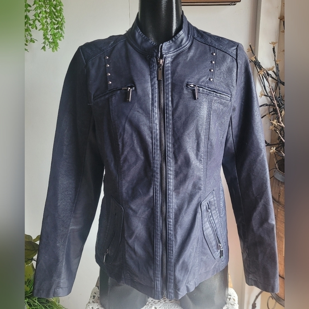 Marie Claire Navy Blue Faux Leather Zip-Up Moto Jacket Size M